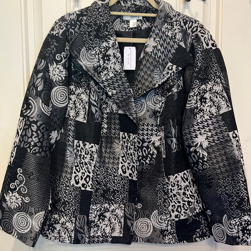 CJ Banks Dress Blazer. Black, silver and white in a patchwork design.